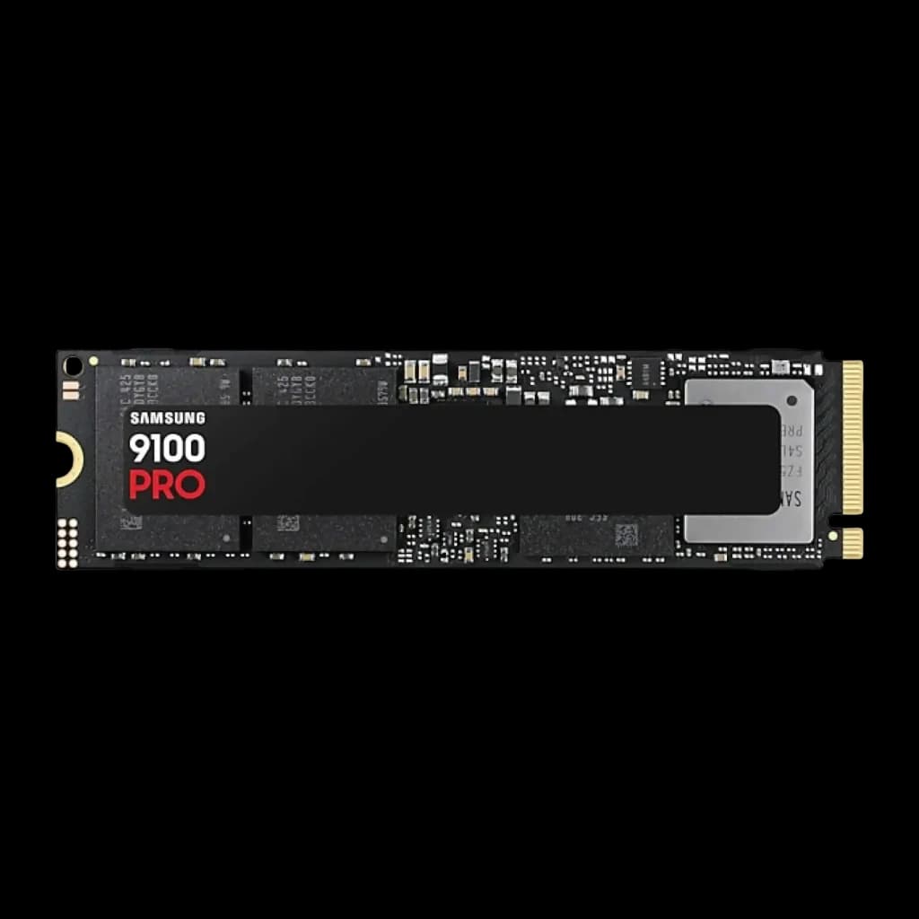 Samsung SSD 9100 Pro 8TB negro, vista frontal plana: PCB negro con etiqueta central y conector M.2 dorado