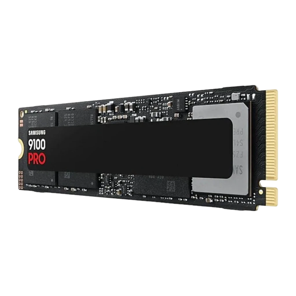 Samsung SSD 9100 Pro 8TB negro, vista frontal plana: PCB negro con etiqueta central y conector M.2 dorado - Ítem1