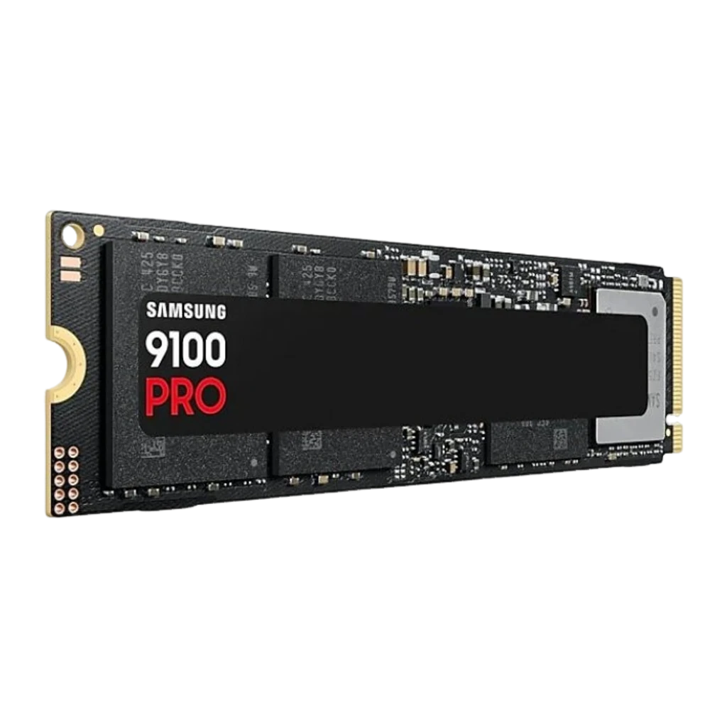 Samsung SSD 9100 Pro 8TB negro, vista frontal plana: PCB negro con etiqueta central y conector M.2 dorado - Ítem2