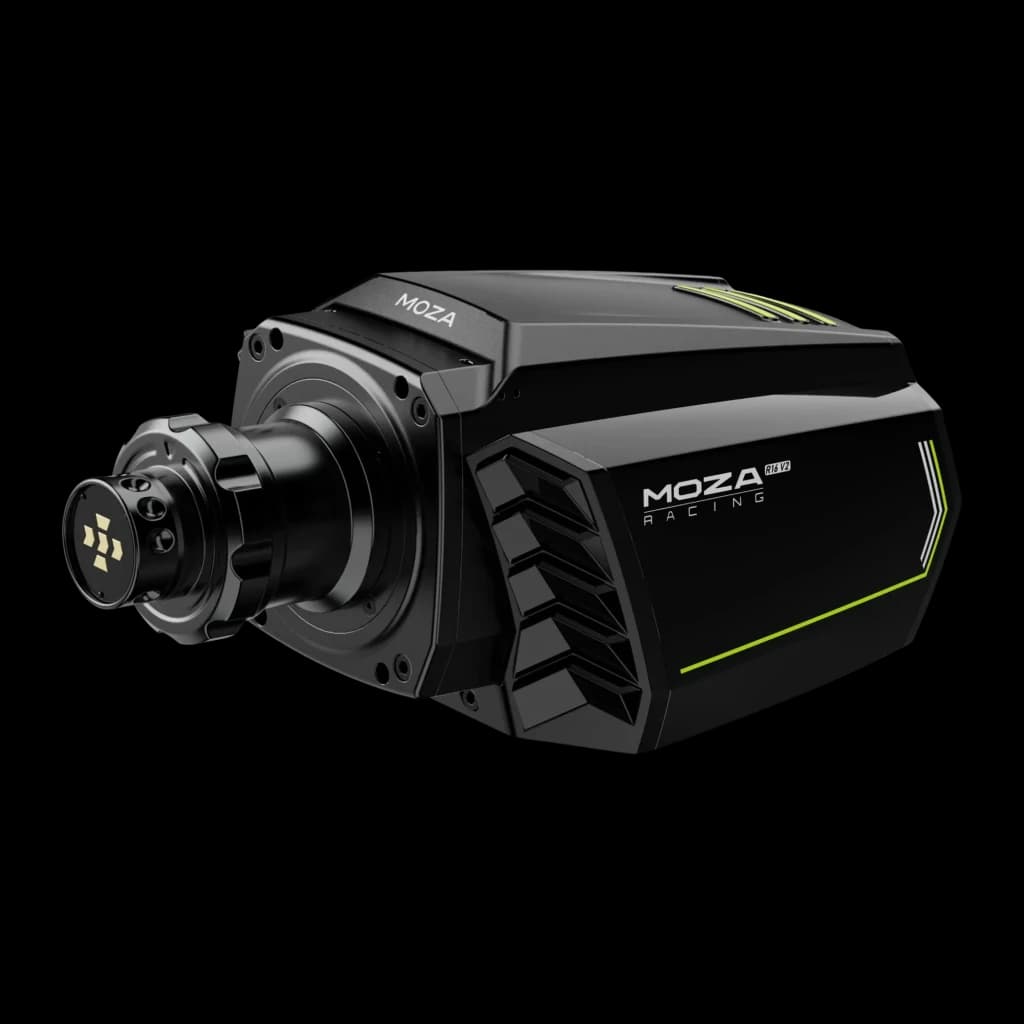 Moza Racing Base de volante R16 V2 Negro, vista lateral izquierda: cuerpo compacto negro con franjas verdes y eje frontal