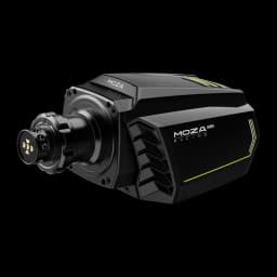 Moza Racing Base de volante R16 V2 Preto, vista lateral esquerda: corpo compacto preto com listras verdes e eixo frontal
