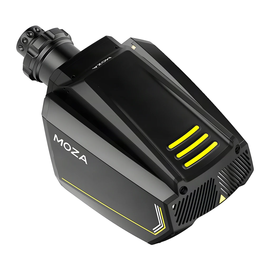Moza Racing Base de volante R16 V2 Negro, vista lateral izquierda: cuerpo compacto negro con franjas verdes y eje frontal - Ítem1