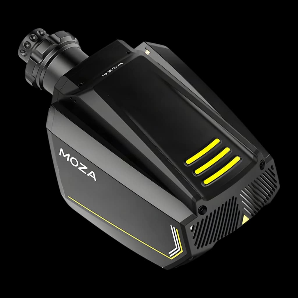 Moza Racing Base de volante R16 V2 Negro, vista diagonal: cuerpo negro con franjas amarillas, logo MOZA y eje de conexión