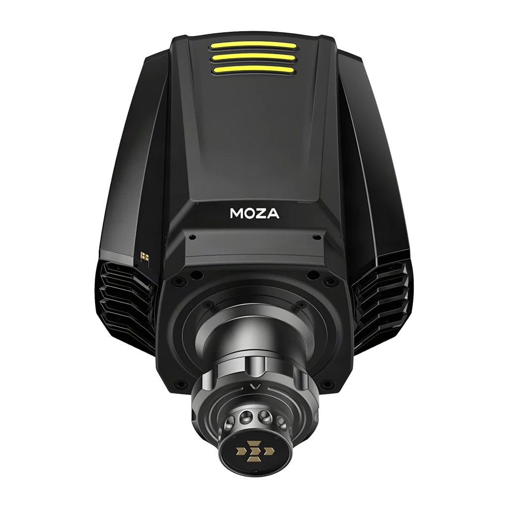 Moza Racing Base de volante R16 V2 Negro, vista lateral izquierda: cuerpo compacto negro con franjas verdes y eje frontal - Ítem2