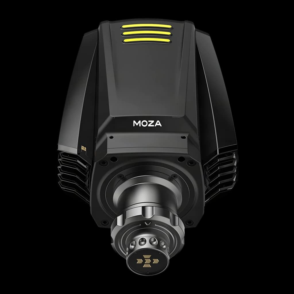 Moza Racing R16 V2 Negro, vista frontal inferior: conector QR metálico, rejillas de ventilación y LEDs amarillos