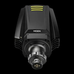 Moza Racing R16 V2 Preto, vista frontal inferior: conector QR metálico, grades de ventilação e LEDs amarelos