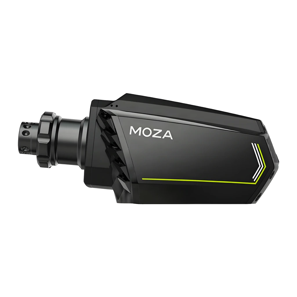 Moza Racing Base de volante R16 V2 Negro, vista lateral izquierda: cuerpo compacto negro con franjas verdes y eje frontal - Ítem3