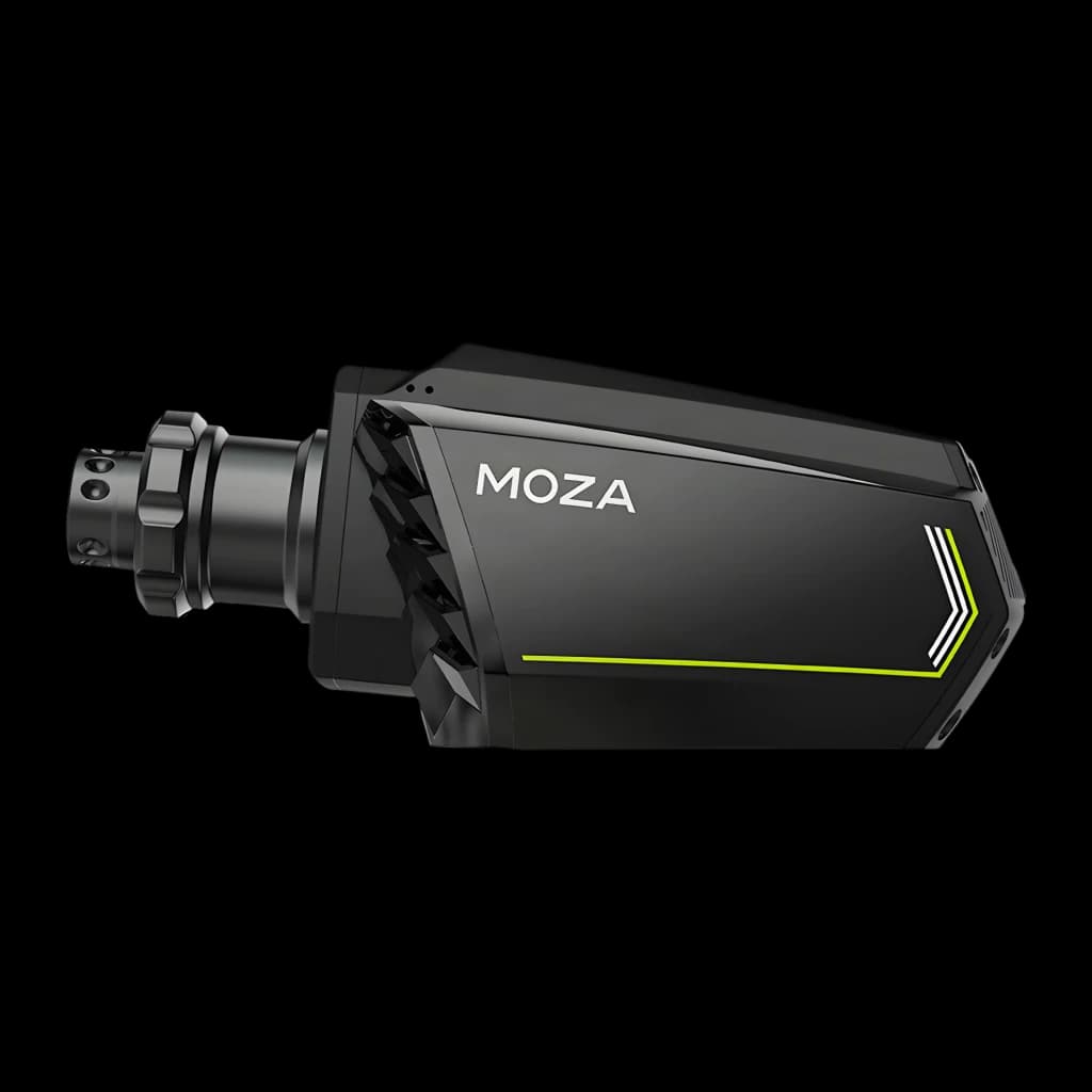 Moza Racing Base de volante R16 V2 Negro, vista lateral: cuerpo rectangular con logo MOZA, flechas verdes y eje de conexión
