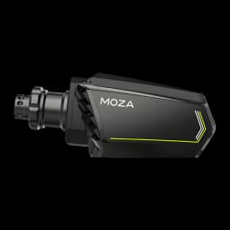 Moza Racing Base de volante R16 V2 Preto, vista lateral: corpo retangular com logo MOZA, setas verdes e eixo de conexão