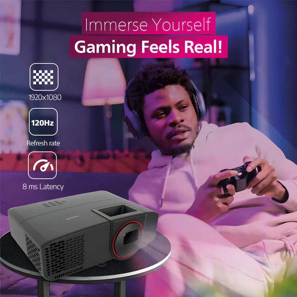 Philips Projecteur GamePix 800 Smart 1080p 2500lm noir, vue avant latérale: objectif avec anneau rouge, grille - Ítem3