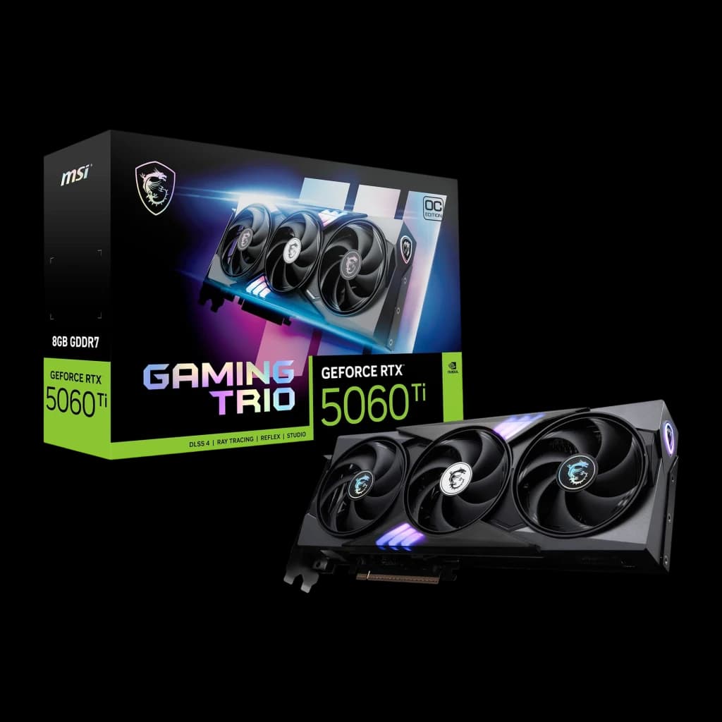 MSI GeForce RTX 5060 Ti Gaming Trio OC 8GB GDDR7 negro, tarjeta y caja: packaging con logo Gaming Trio y GPU en ángulo