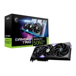 MSI GeForce RTX 5060 Ti Gaming Trio OC 8GB GDDR7 negro, tarjeta y caja: packaging con logo Gaming Trio y GPU en ángulo