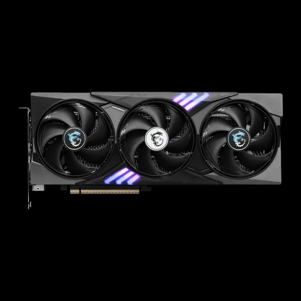 MSI GeForce RTX 5060 Ti Gaming Trio OC 8GB GDDR7 negro, vista frontal: tres ventiladores con logo dragón y RGB azul-morado