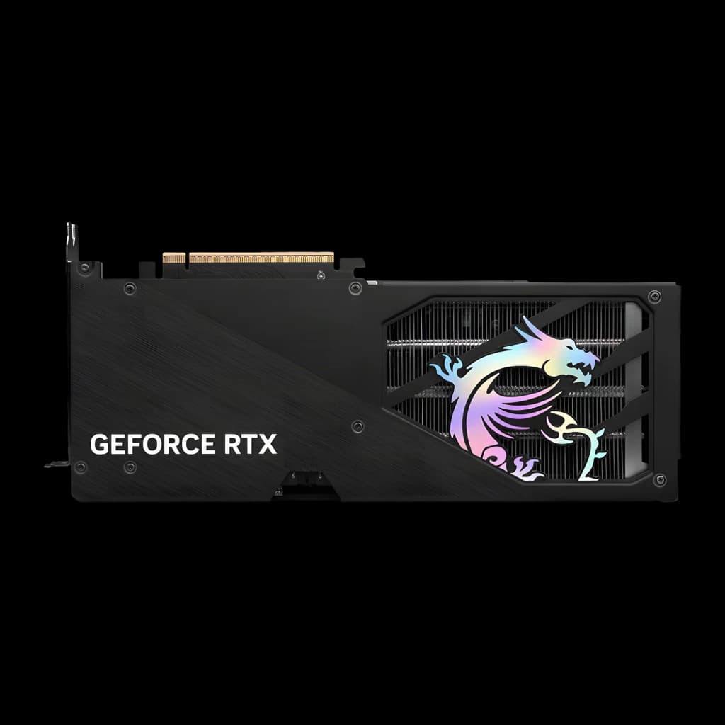 MSI GeForce RTX 5060 Ti Gaming Trio OC 8GB GDDR7 Negro, reverso: backplate negro con logo dragón RGB iridiscente y texto