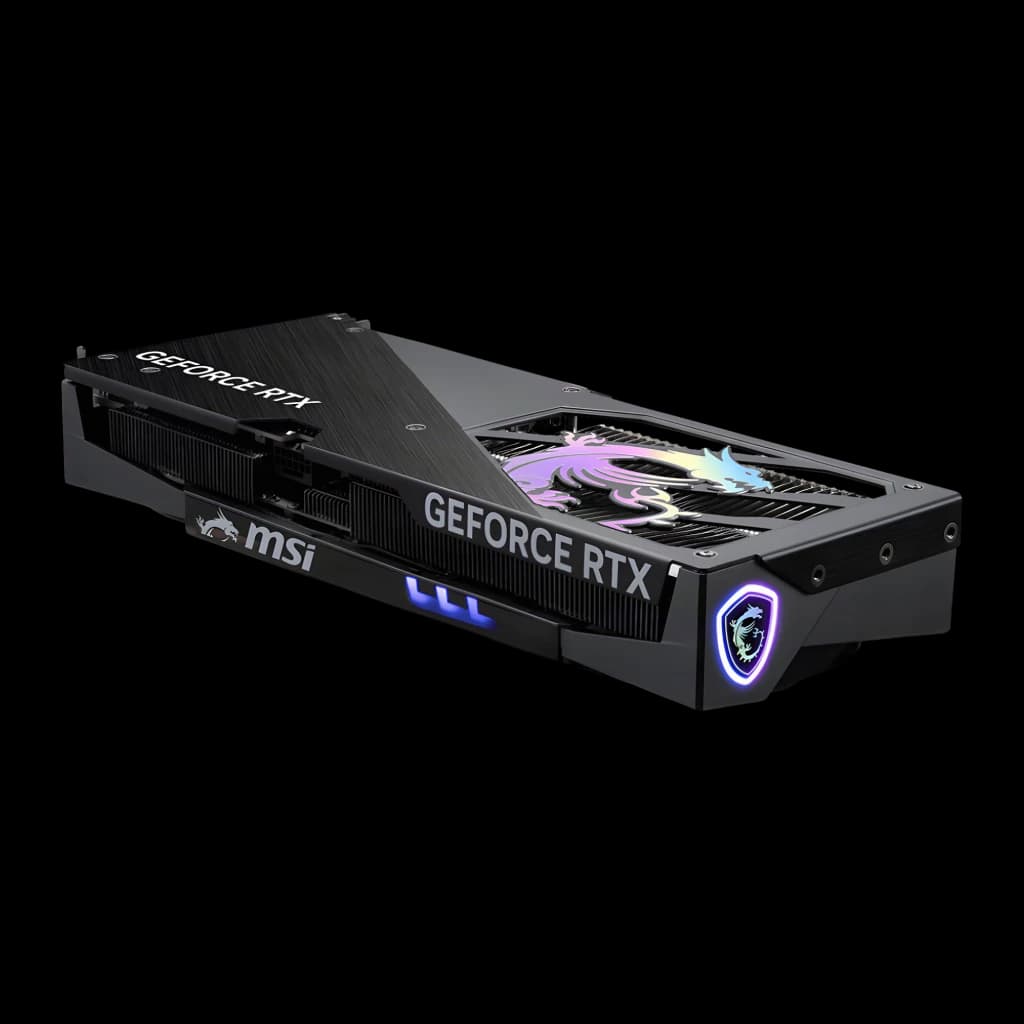 MSI GeForce RTX 5060 Ti Gaming Trio OC 8GB negro, vista lateral inferior: backplate con dragón RGB, logo MSI iluminado