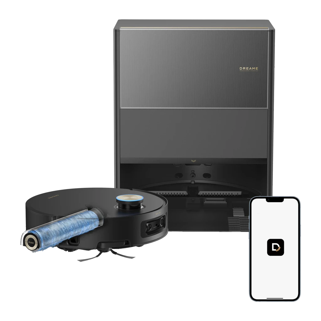 Dreame Aqua10 Ultra Roller preto, vista frontal em ângulo: robô na base prateada com módulo de câmeras frontal visível - Item2