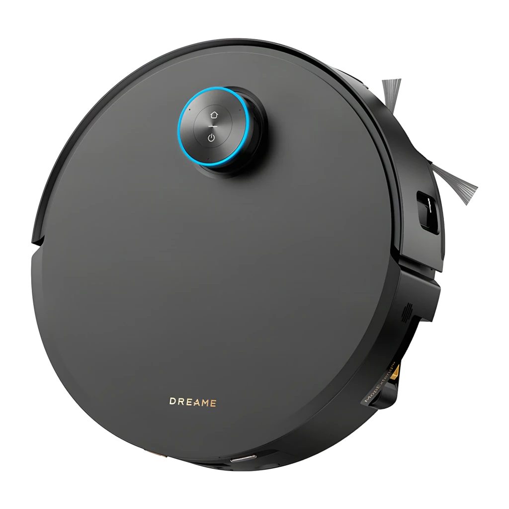 Dreame Aqua10 Ultra Roller preto, vista frontal em ângulo: robô na base prateada com módulo de câmeras frontal visível - Item3