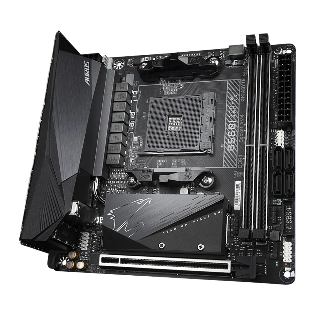 Gigabyte B550I AORUS PRO AX 64GB Preto, vista com caixa: placa Mini-ITX e embalagem oficial AORUS em ângulo - Item1