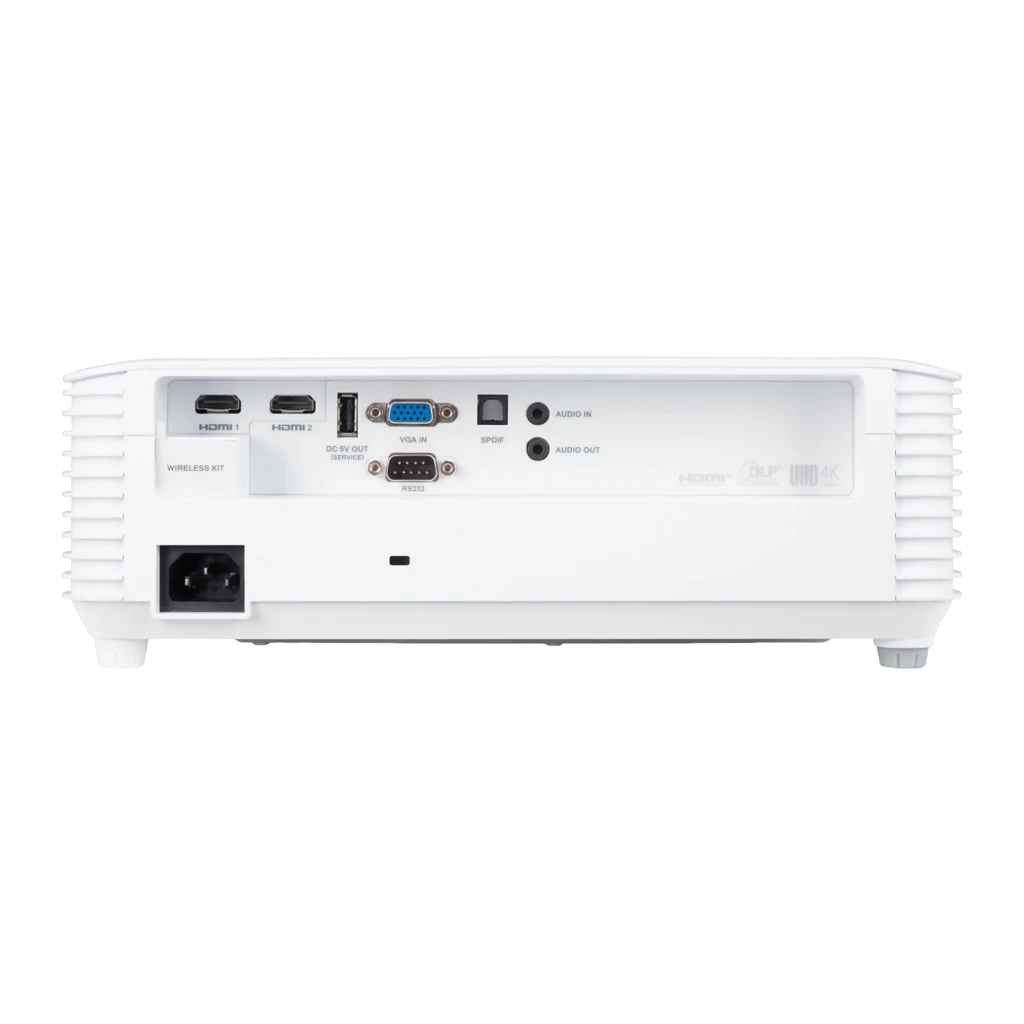 Acer Projecteur H6805BDa 4K UHD DLP 4000lm Blanc, vue avant: objectif à lentille bleue, grilles de ventilation et logo Acer - Ítem1