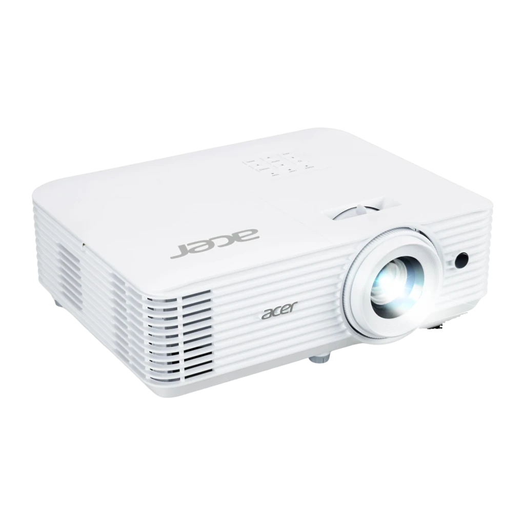 Acer Projecteur H6805BDa 4K UHD DLP 4000lm Blanc, vue avant: objectif à lentille bleue, grilles de ventilation et logo Acer - Ítem5