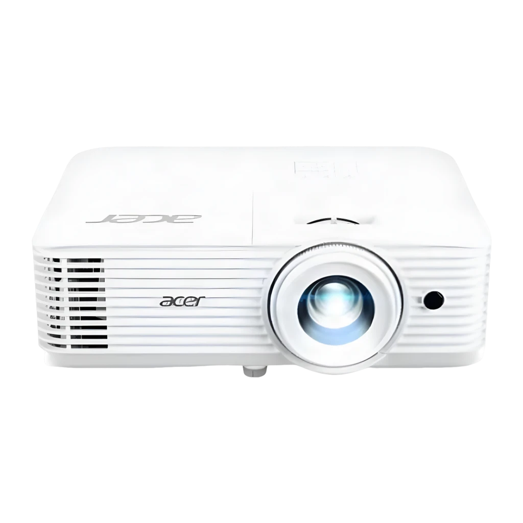 Acer Projecteur H6805BDa 4K UHD DLP 4000lm Blanc, vue avant: objectif à lentille bleue, grilles de ventilation et logo Acer - Ítem6