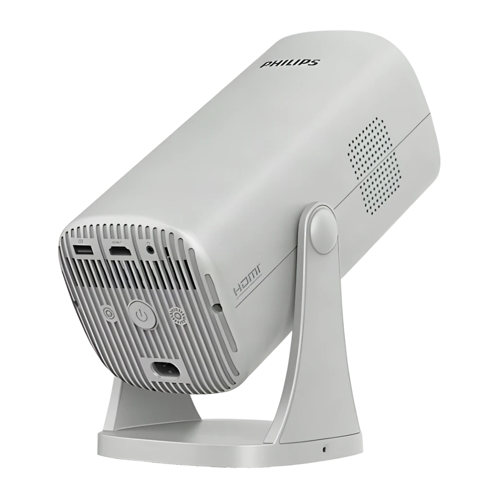 Philips Projecteur NeoPix 244 1080p Blanc, vue de face: grande lentille, grille haut-parleur et bouton AF sur support - Ítem3