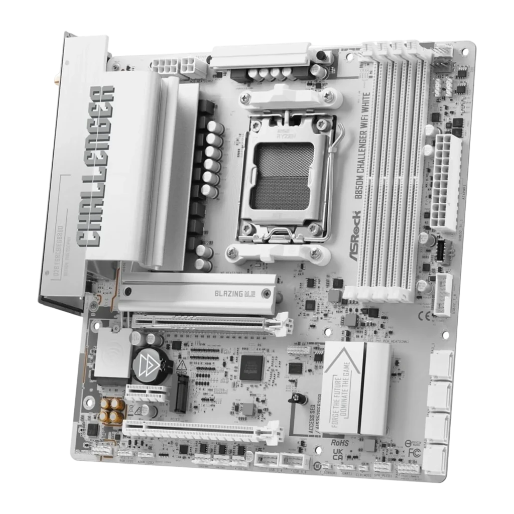 ASRock B850M Challenger WiFi White Micro ATX, vista conjunto: placa-mãe branca com caixa e antenas WiFi 7 - Item3