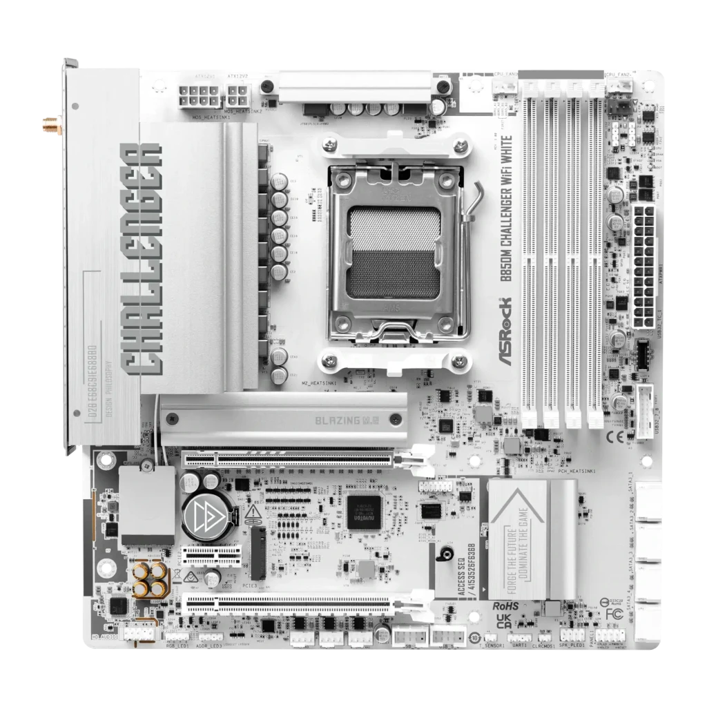 ASRock B850M Challenger WiFi White Micro ATX, vista conjunto: placa-mãe branca com caixa e antenas WiFi 7 - Item1