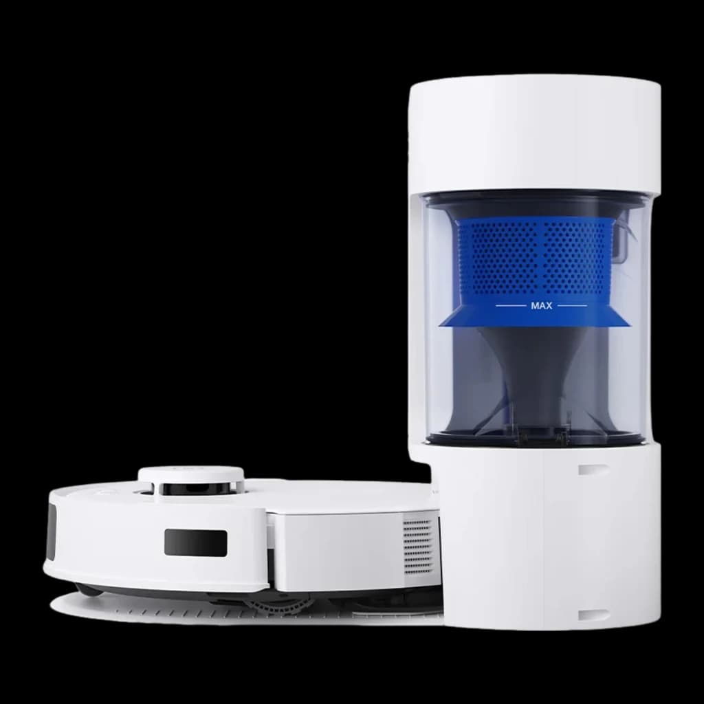 Ecovacs Deebot N20 Plus blanc, kit vue latérale avec base haute: bac bleu avec indicateur MAX visible et robot en profil bas