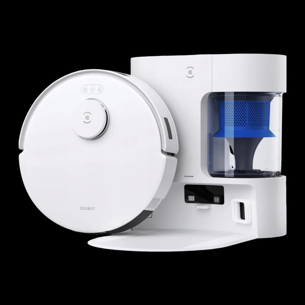 Ecovacs Deebot N20 Plus blanc, kit vue arrière en angle: dos du robot avec logo Deebot et base de vidage avec bac bleu