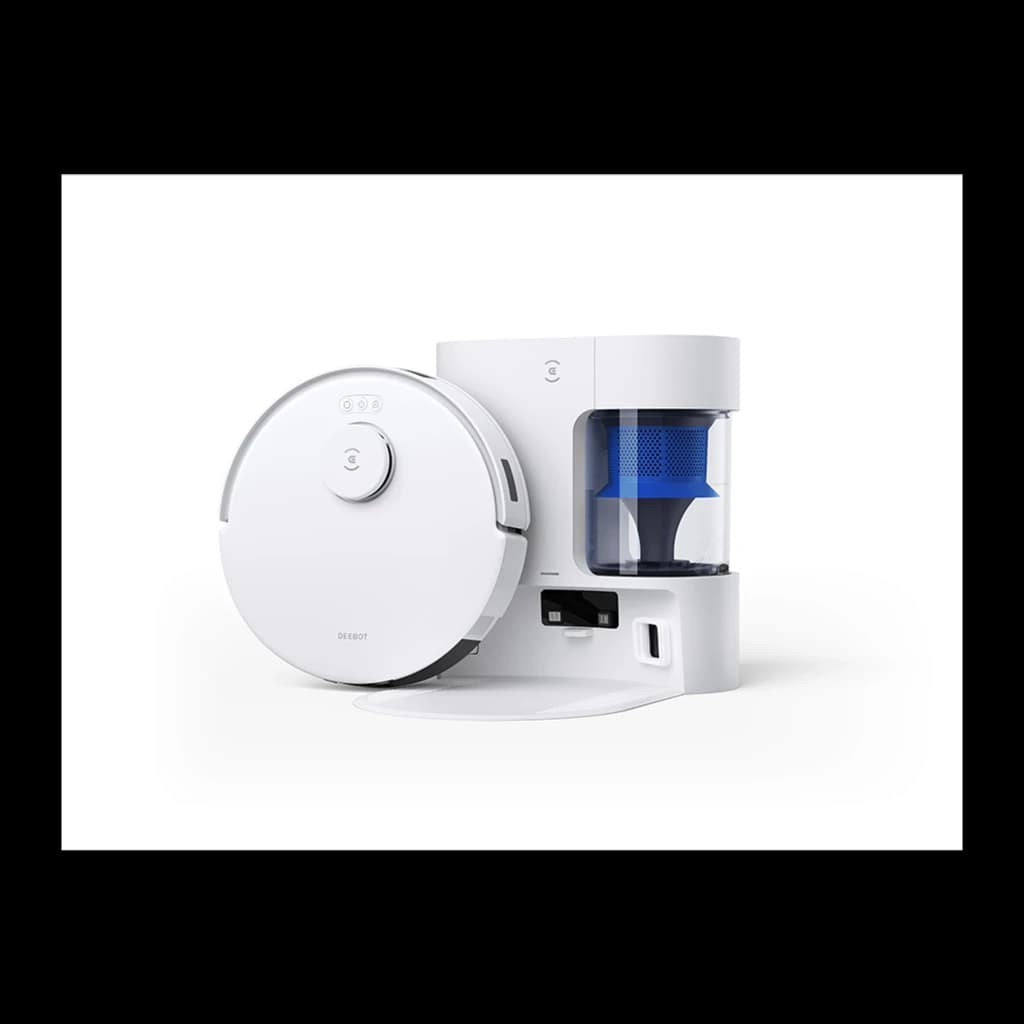 Ecovacs Deebot N20 Plus blanc, kit vue frontale sur fond blanc: robot à côté de la base de vidage avec bac bleu, angle