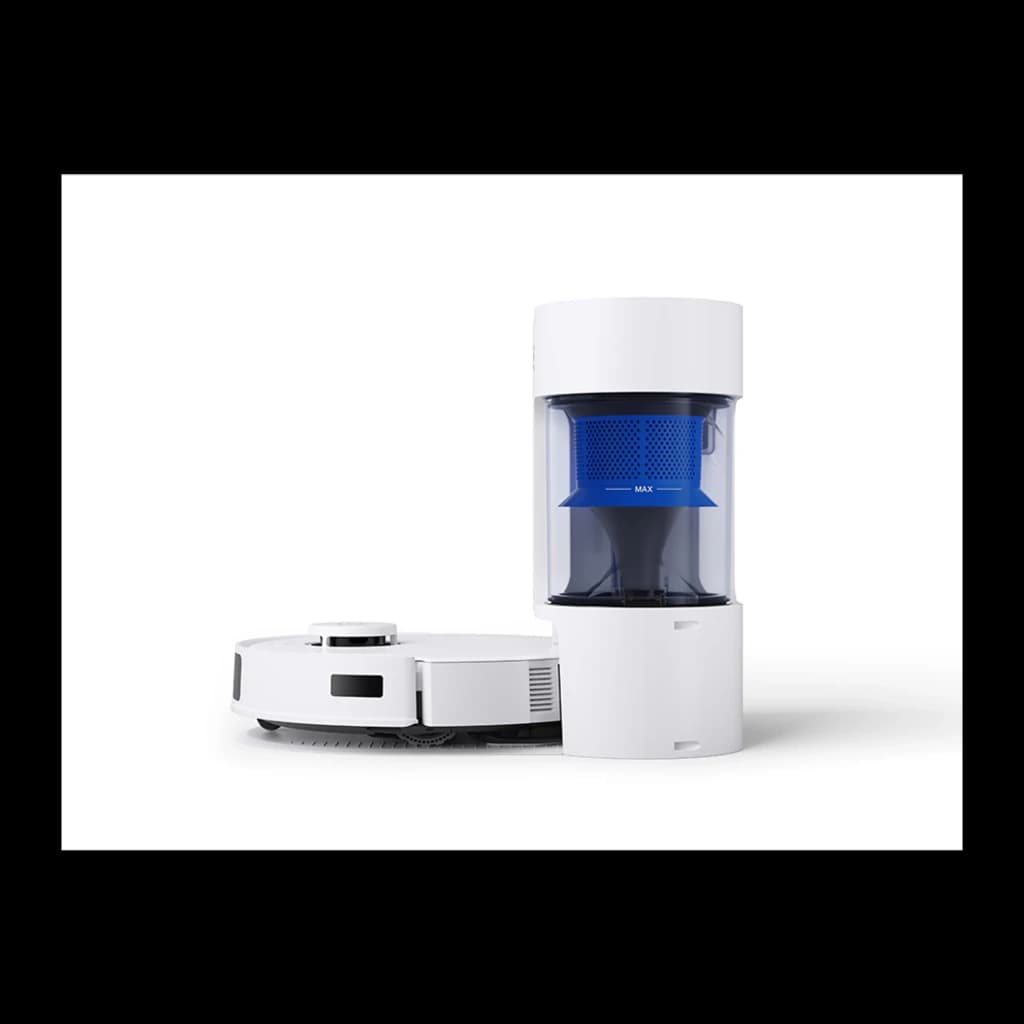 Ecovacs Deebot N20 Plus blanc, kit vue latérale sur fond blanc: profil du robot et base avec bac bleu et indicateur MAX mis