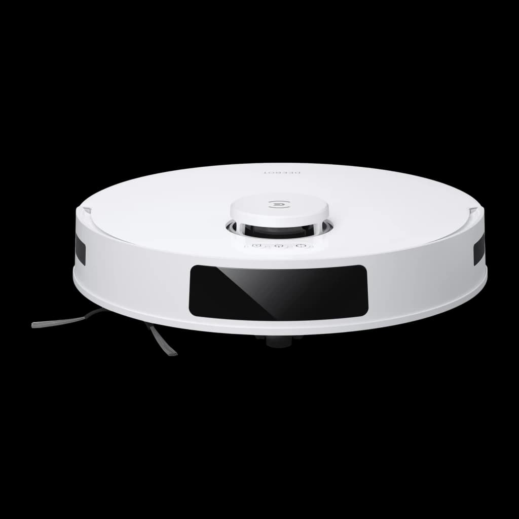 Ecovacs Deebot N20 Plus blanc, vue de face centrée: capteur LiDAR central, panneau avant noir et deux brosses latérales