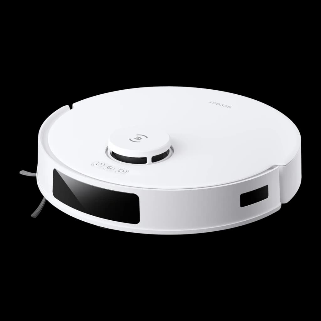 Ecovacs Deebot N20 Plus blanc, vue avant en angle: dessus avec capteur LiDAR, panneau tactile et brosse latérale