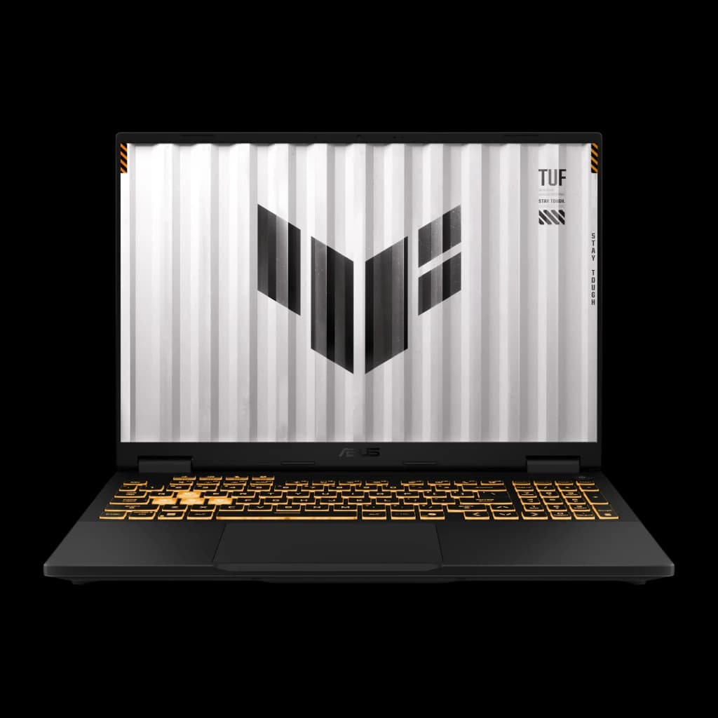 ASUS TUF Gaming 16 1TB cinza, vista frontal aberta: ecrã com logo TUF e teclado retroiluminado laranja