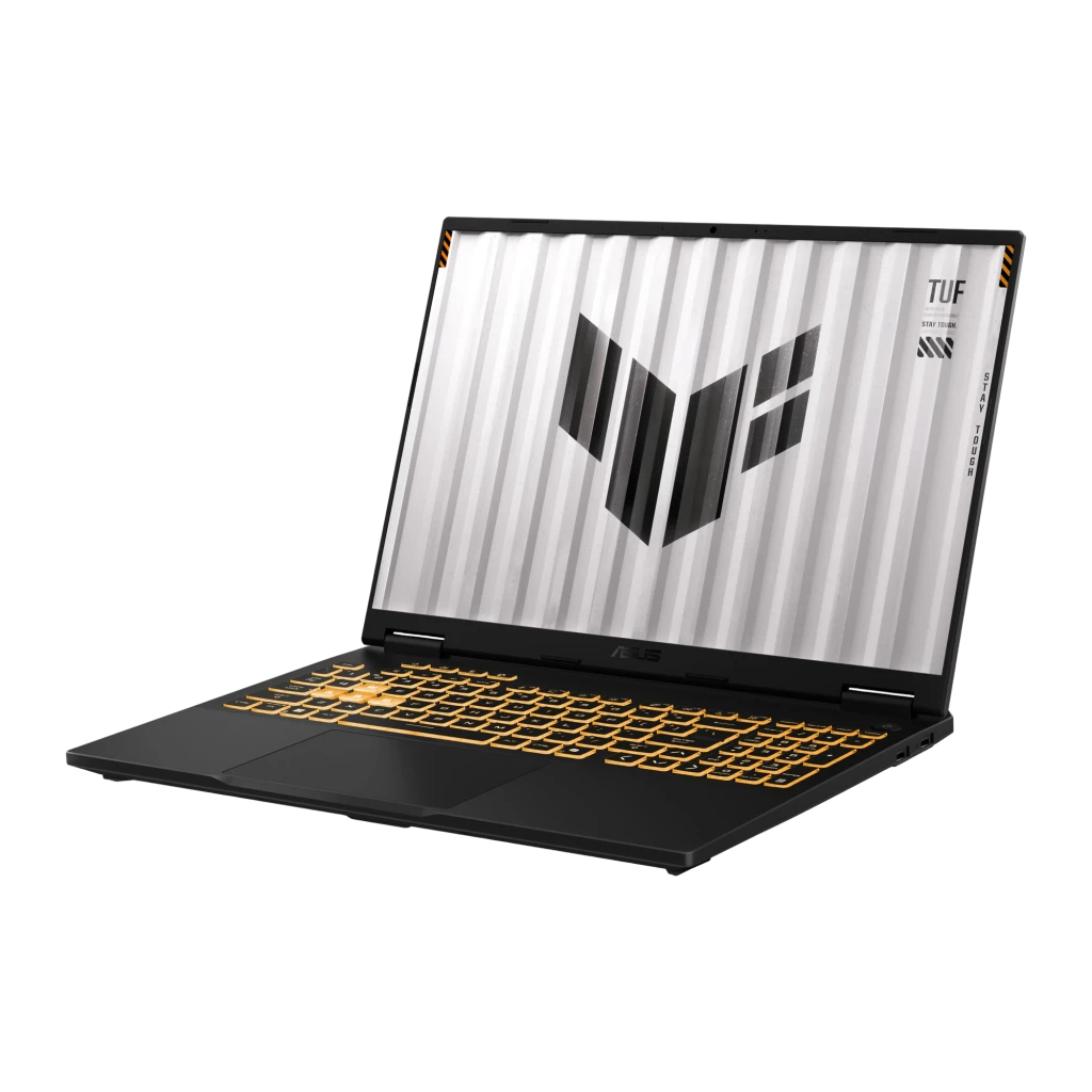 ASUS TUF Gaming 16 1TB gris, vista frontal abierta: pantalla con logo TUF y teclado retroiluminado naranja - Ítem2