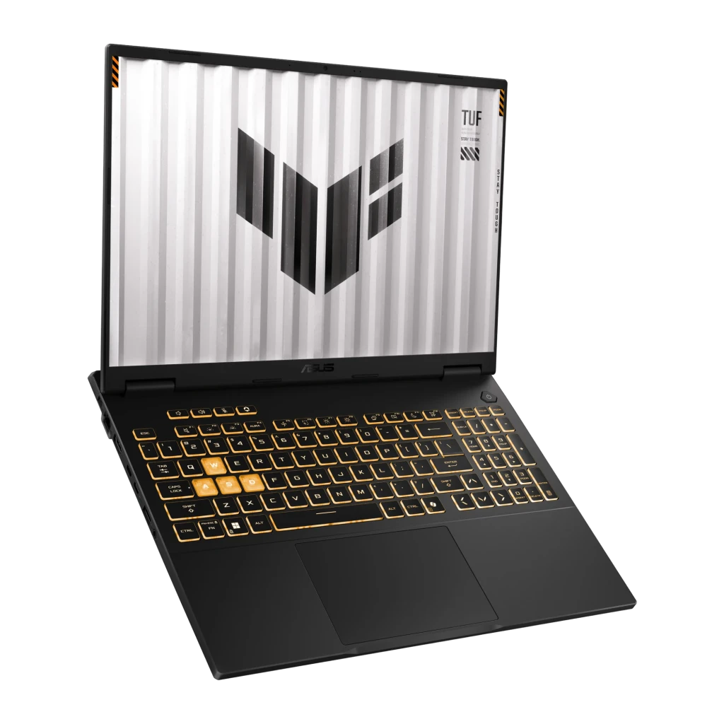 ASUS TUF Gaming 16 1TB gris, vista frontal abierta: pantalla con logo TUF y teclado retroiluminado naranja - Ítem3