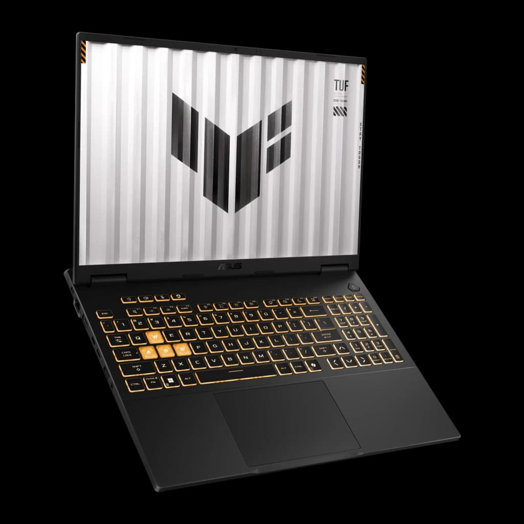 ASUS TUF Gaming F16 1TB cinza, vista superior: teclado QWERTY com teclas WASD laranja e ecrã com logótipo TUF