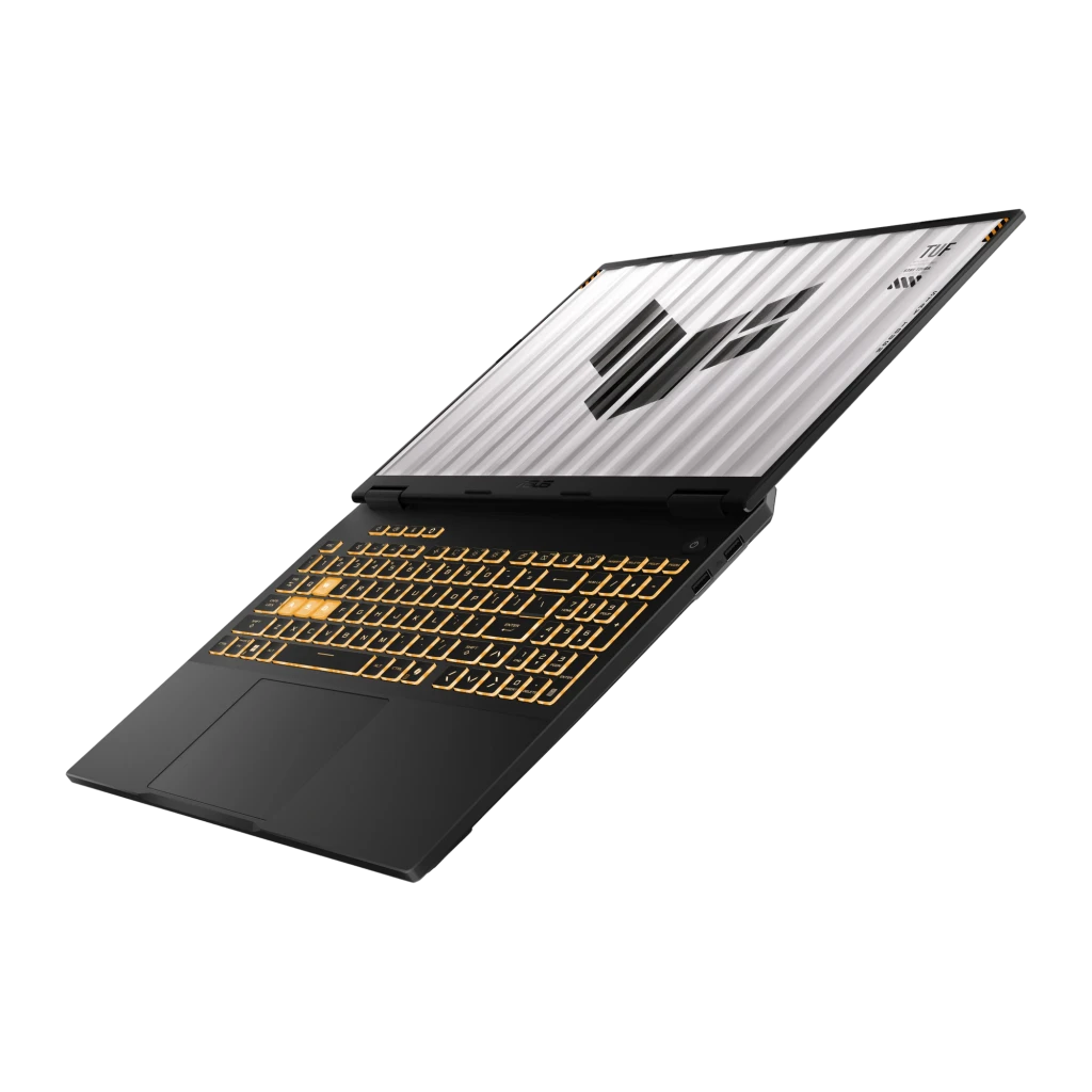 ASUS TUF Gaming 16 1TB gris, vista frontal abierta: pantalla con logo TUF y teclado retroiluminado naranja - Ítem4