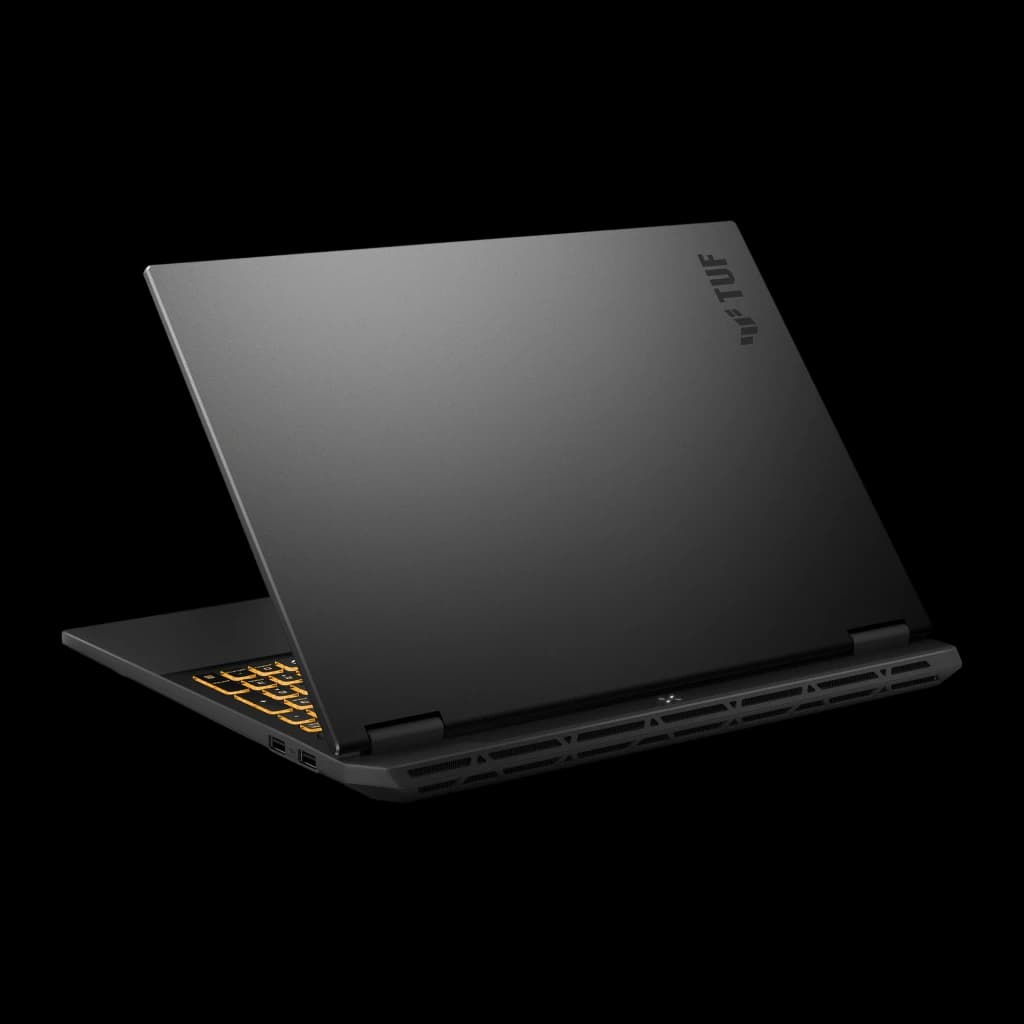 ASUS TUF Gaming 16 1TB Cinza Jager, vista traseira em ângulo: tampa com logo TUF, dobradiças e teclado RGB laranja visível