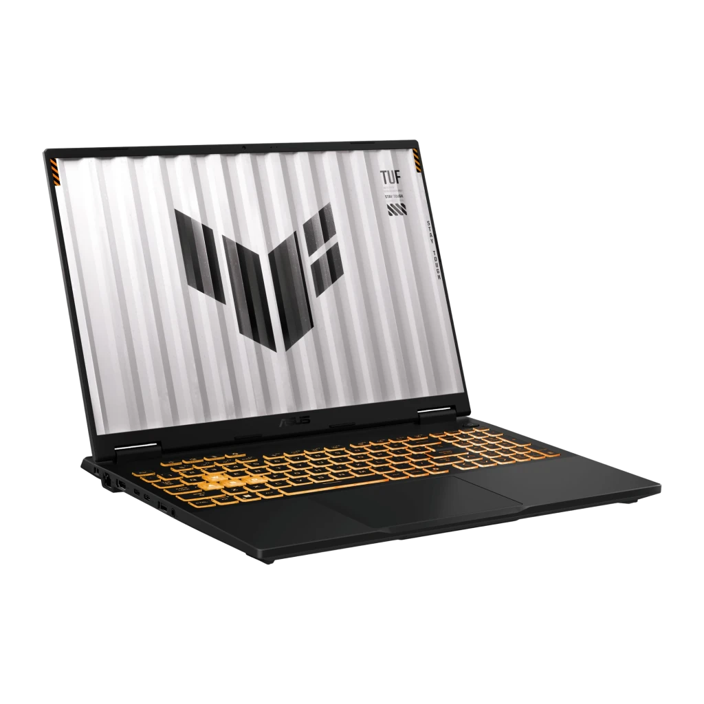 ASUS TUF Gaming 16 1TB gris, vista frontal abierta: pantalla con logo TUF y teclado retroiluminado naranja - Ítem1