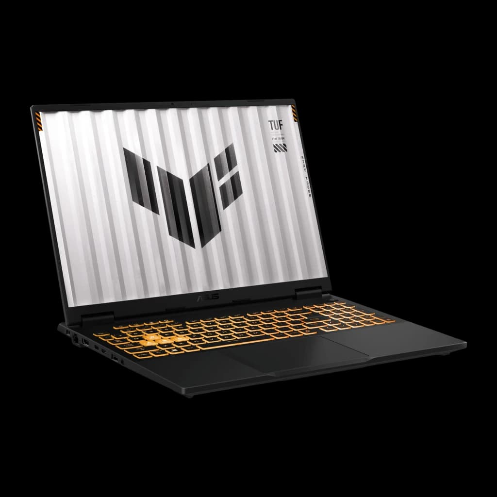 ASUS TUF Gaming F16 1TB cinza, vista frontal esquerda: ecrã com logótipo TUF e teclado retroiluminado laranja