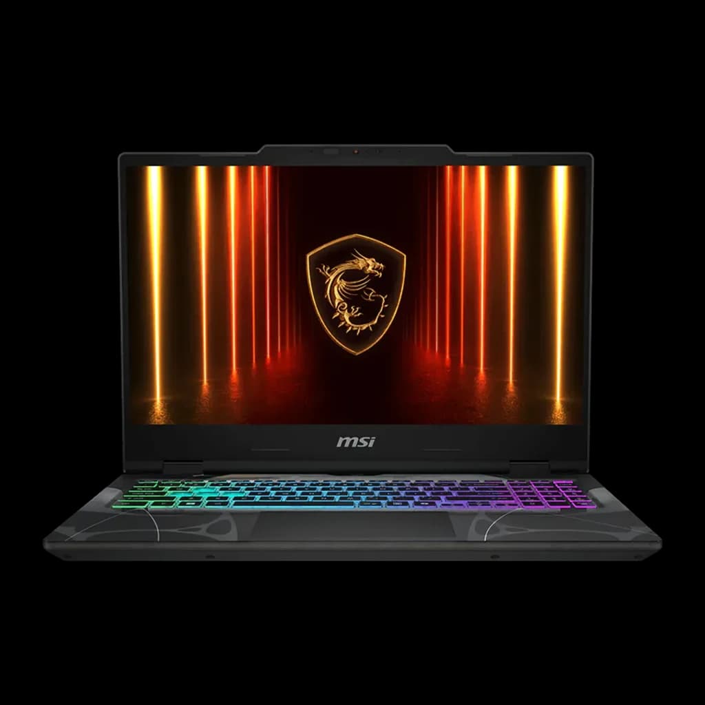 MSI Cyborg A15 1TB noir, vue de face: écran avec logo dragon MSI et clavier RGB multicolore rétroéclairé