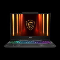 MSI Cyborg A15 1TB noir, vue de face: écran avec logo dragon MSI et clavier RGB multicolore rétroéclairé