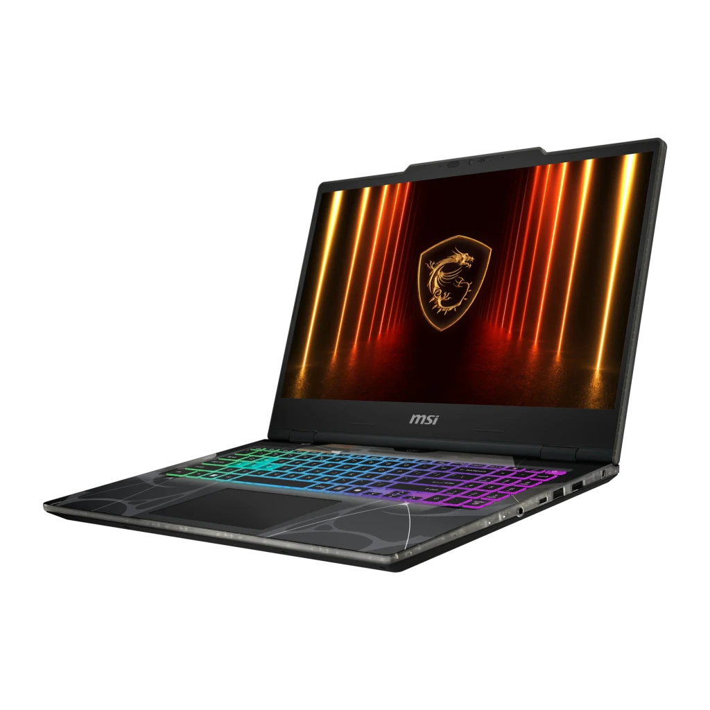MSI Cyborg A15 1TB preto, vista frontal: ecrã com logo dragão MSI e teclado RGB multicolor iluminado - Item2