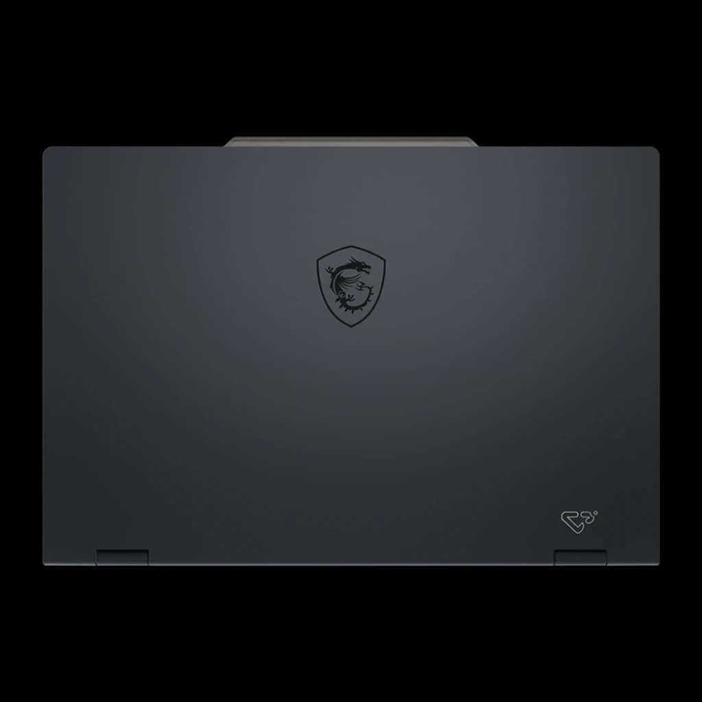 MSI Cyborg A15 1TB noir, vue du dessus: couvercle fermé avec logo dragon MSI et finition mate sombre