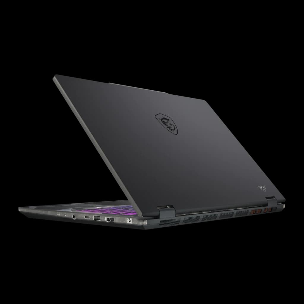 MSI Cyborg A15 1TB noir, vue arrière en angle: couvercle avec logo MSI, ports latéraux et clavier RGB violet visible