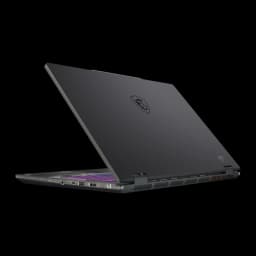 MSI Cyborg A15 1TB noir, vue arrière en angle: couvercle avec logo MSI, ports latéraux et clavier RGB violet visible