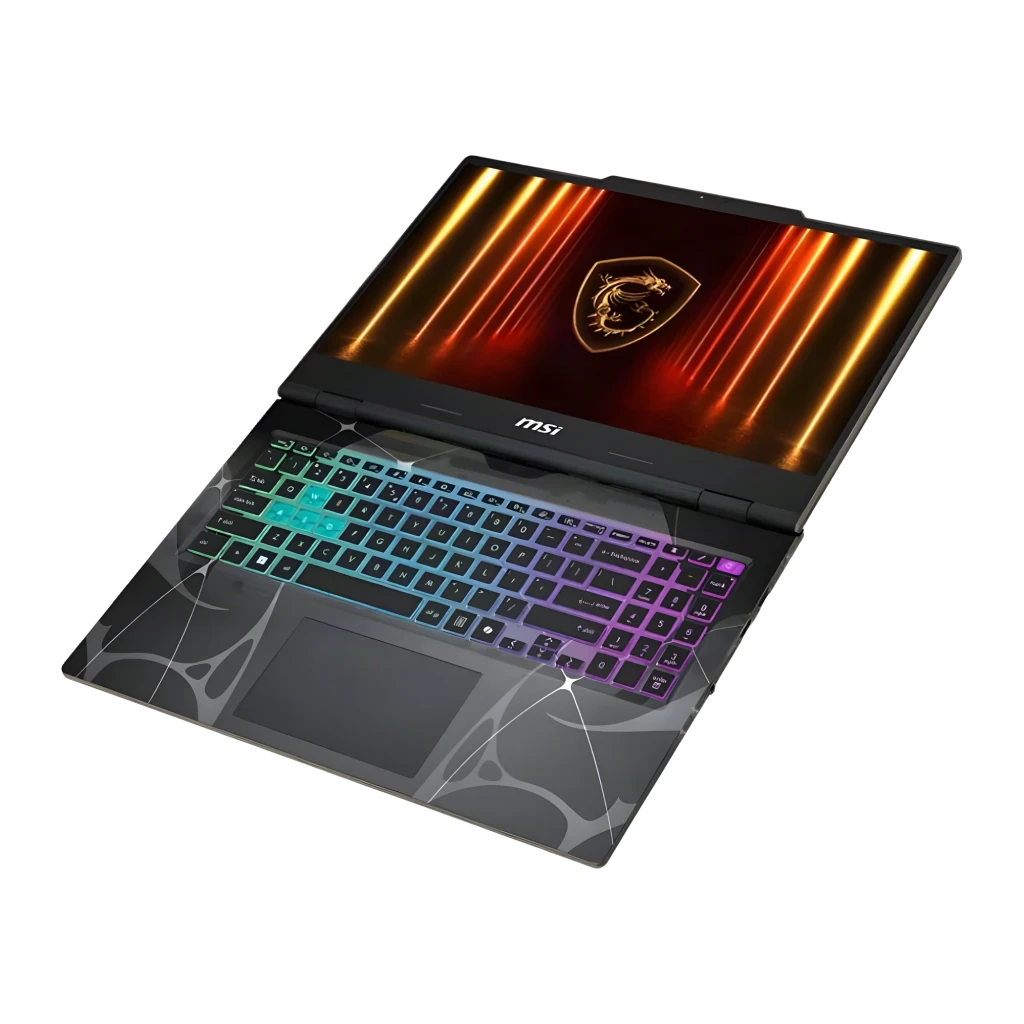 MSI Cyborg A15 1TB preto, vista frontal: ecrã com logo dragão MSI e teclado RGB multicolor iluminado - Item6