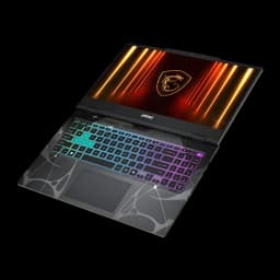 MSI Cyborg A15 1TB noir, vue supérieure en angle: clavier RGB multicolore, repose-mains à motif géométrique et écran